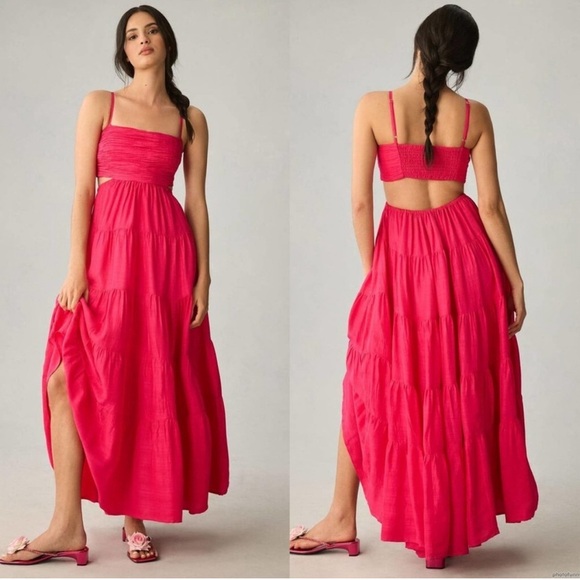 Anthropologie Let Me Be Cutout‎ Tiered Dress Open Back Maxi Hot Pink Extra-Small - Picture 1 of 10